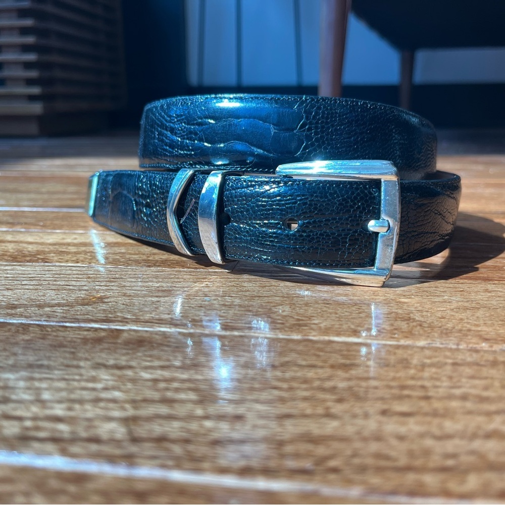 Black Genuine Ostrich Leather Belt with Silver Buckle